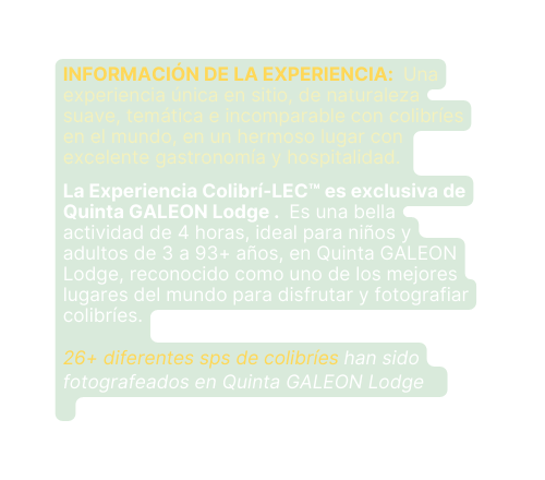 INFORMACIÓN DE LA EXPERIENCIA Una experiencia única en sitio de naturaleza suave temática e incomparable con colibríes en el mundo en un hermoso lugar con excelente gastronomía y hospitalidad La Experiencia Colibrí LEC es exclusiva de Quinta GALEON Lodge Es una bella actividad de 4 horas ideal para niños y adultos de 3 a 93 años en Quinta GALEON Lodge reconocido como uno de los mejores lugares del mundo para disfrutar y fotografiar colibríes 26 diferentes sps de colibríes han sido fotografeados en Quinta GALEON Lodge